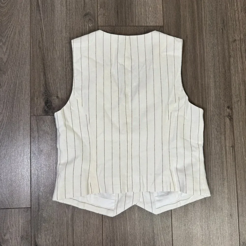 J.Crew Linen Blend Vest Womens 6 White Brown Pinstripes Sleeveless V-neck Lined